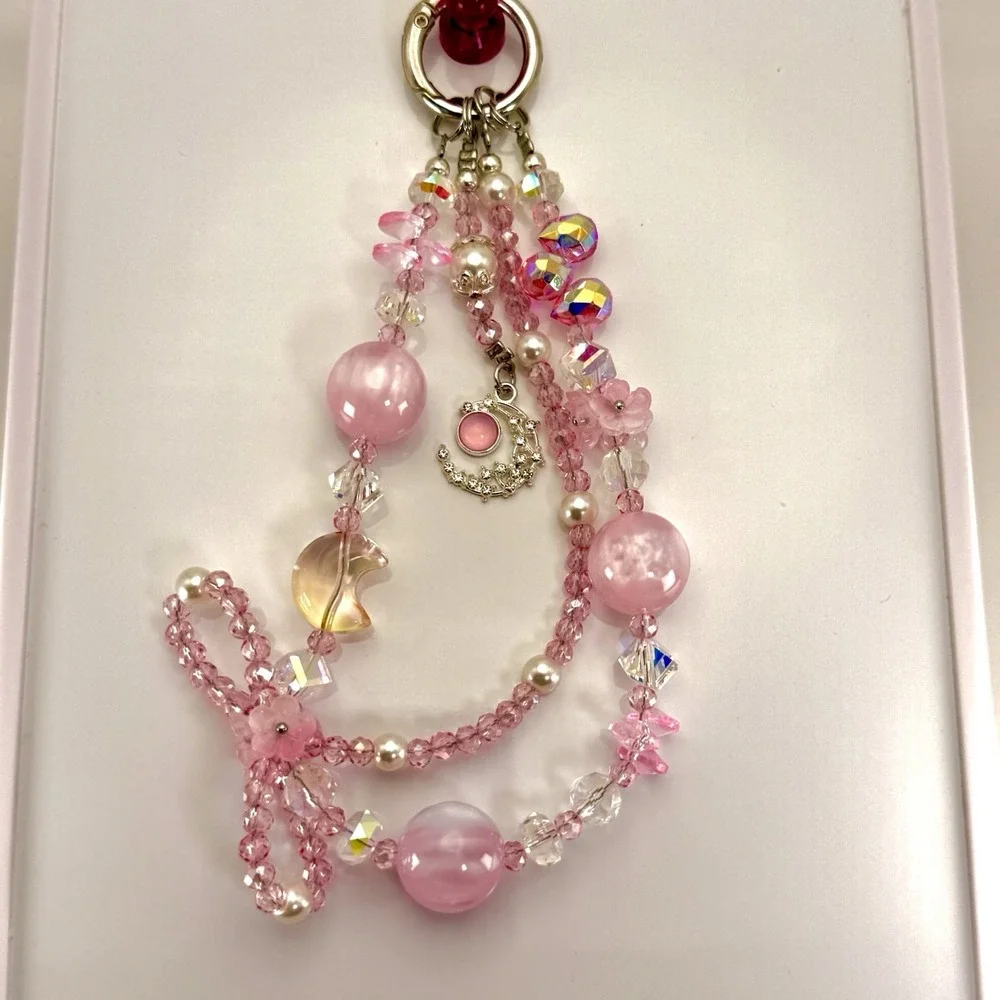 Pink Moon Phone Wristlet Charm Beaded Crystal Pearl Coquette Kawaii Bag Keychain